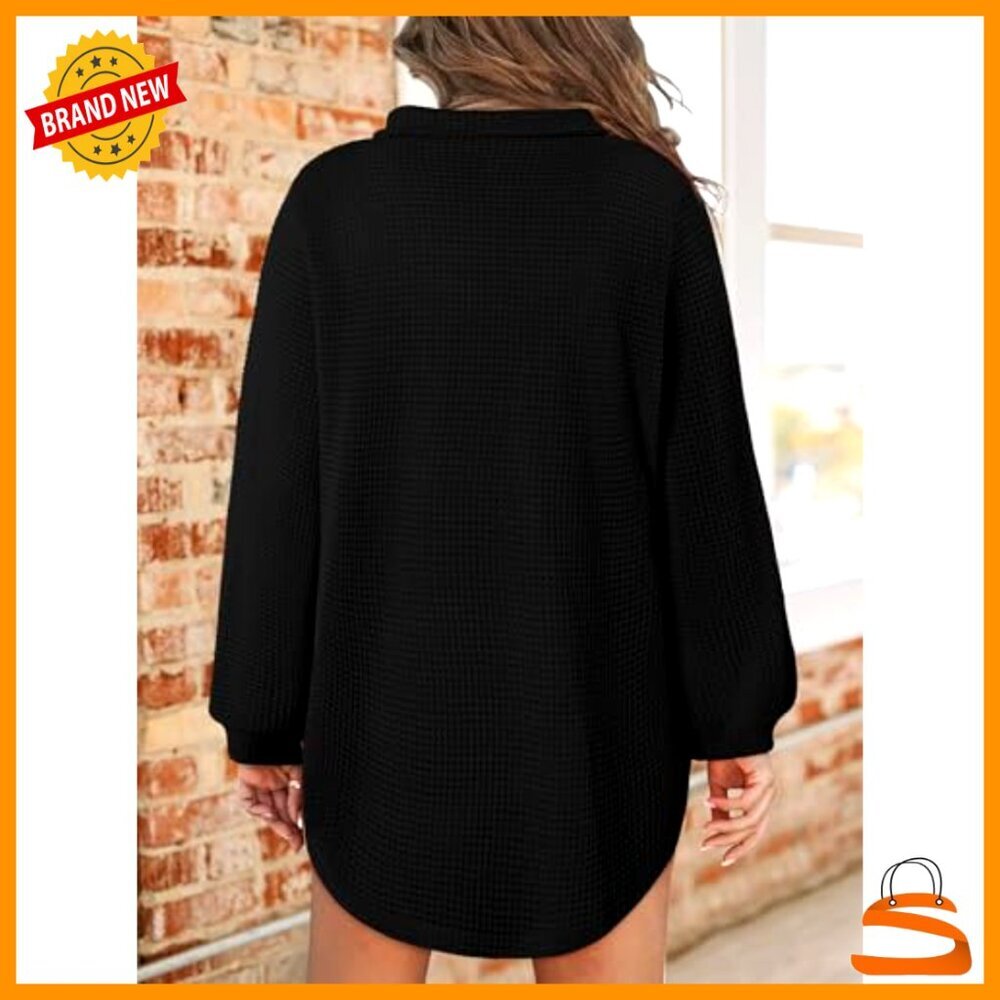 Long Sleeve V-Neck Waffle Knit Pullover Top Women's Casual Sweatshirt - Picture 5 of 5